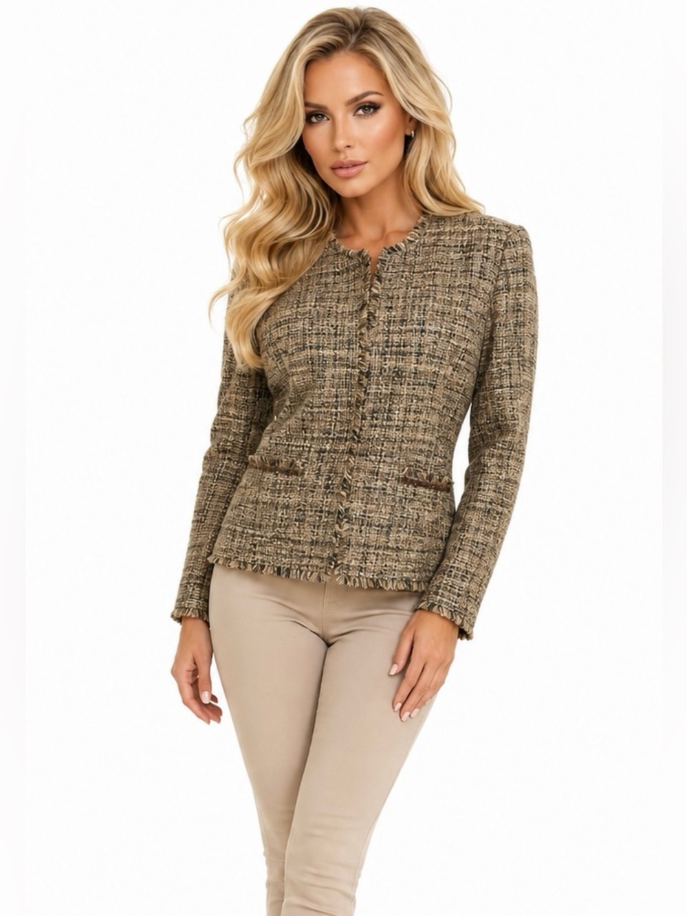 J.H. Collectibles Women’s Size 10 Lined Tweed Fringe Jacket Blazer Beige Brown